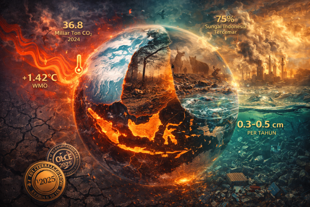 Ilustrasi Triple Krisis Iklim Pencemaran Ancaman Bumi 2026 menggambarkan tiga
ancaman gabungan perubahan iklim suhu naik 1,42 derajat Celsius versi WMO,
hilangnya keanekaragaman hayati satu juta spesies terancam, dan pencemaran
lingkungan 75 persen sungai Indonesia tercemar yang saling memperkuat menurut
laporan OECD November 2025