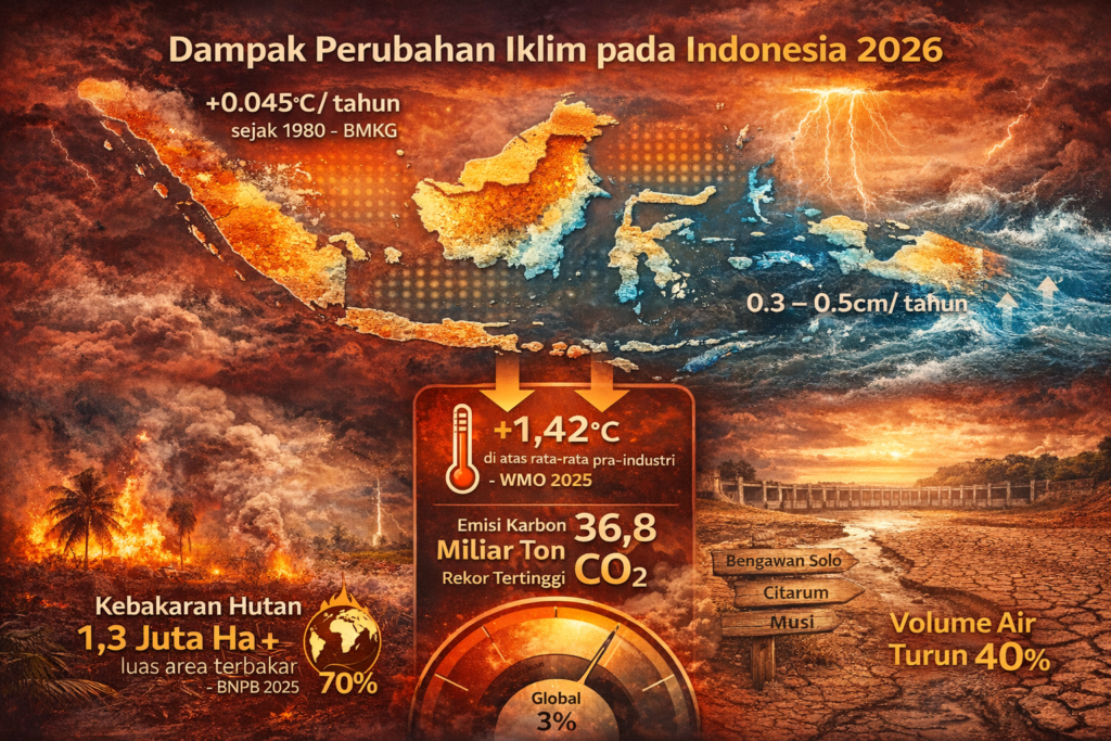 Dampak perubahan iklim di Indonesia 2026 meliputi kenaikan suhu 0,045 derajat
Celsius per tahun sejak 1980 menurut BMKG, kenaikan muka laut 0,3-0,5 cm per
tahun di pesisir Kalimantan Sulawesi Maluku, dan 1,3 juta hektar lahan terbakar
termasuk 70 persen gambut dilaporkan BNPB Oktober 2025