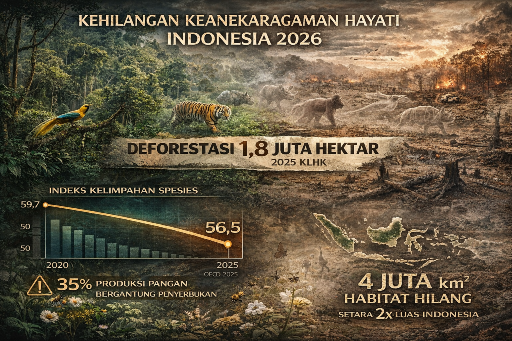 Krisis keanekaragaman hayati Indonesia 2026 dengan deforestasi 1,8 juta hektar
menurut KLHK 2025, indeks kelimpahan spesies terrestrial turun dari 59,7 menjadi
56,5 proyeksi OECD, satu juta spesies berisiko punah mengancam 35 persen
produksi pangan dunia yang bergantung pada penyerbukan serangga