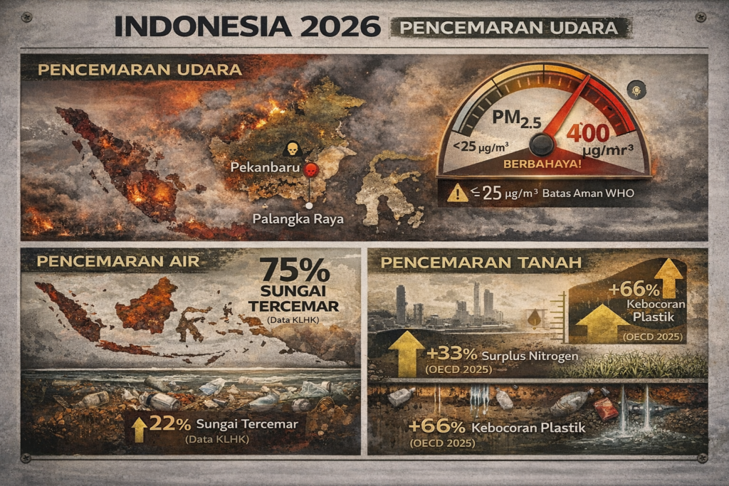 Pencemaran lingkungan Indonesia 2026 mencakup konsentrasi PM2.5 mencapai 400
mikrogram per meter kubik delapan kali ambang WHO saat kebakaran hutan 2025,
75 persen sungai Indonesia tercemar ringan hingga berat menurut KLHK, dan
proyeksi OECD 2025 kebocoran plastik ke lingkungan meningkat dua per tiga
pada 2050