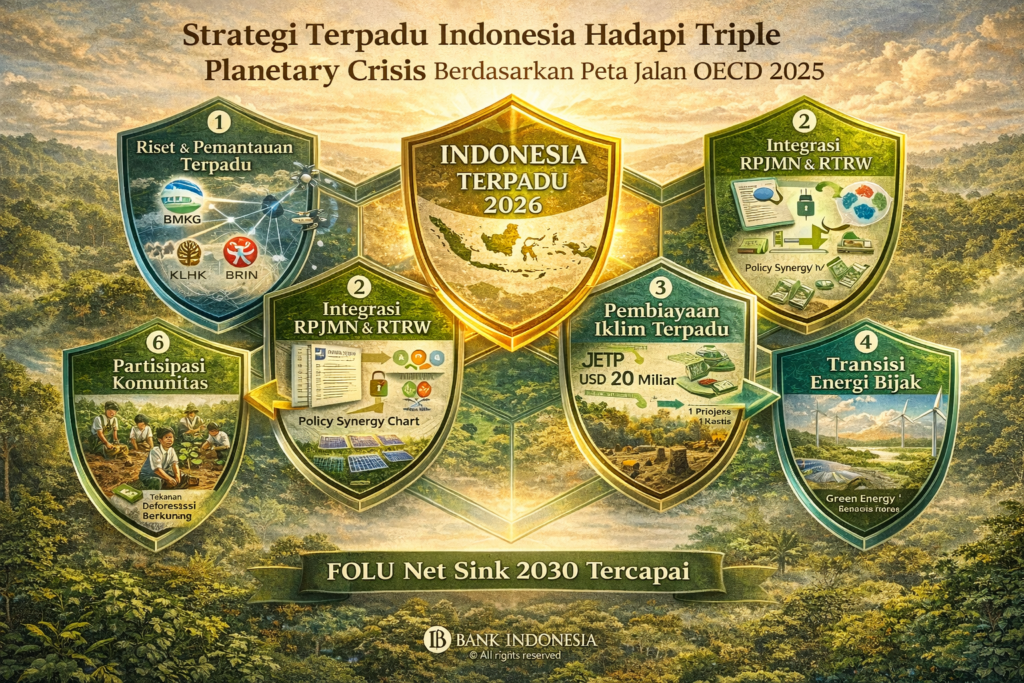 Enam strategi terpadu Indonesia hadapi Triple Krisis Iklim Pencemaran Ancaman
Bumi 2026 rekomendasi OECD: riset pemantauan kolaborasi BMKG KLHK BRIN,
integrasi RPJMN dan RTRW, pembiayaan iklim JETP USD 20 miliar, transisi energi
mempertimbangkan biodiversitas, transformasi sistem pangan berkelanjutan, dan
penguatan partisipasi komunitas menuju FOLU Net Sink 2030