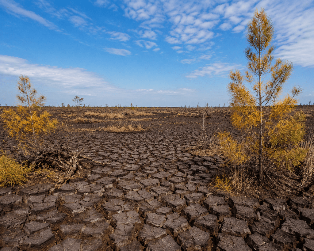 Lanskap lahan gambut kering dan retak-retak di Kalimantan Barat saat puncak El Nino 2026, meningkatkan risiko karhutla ekstrem.