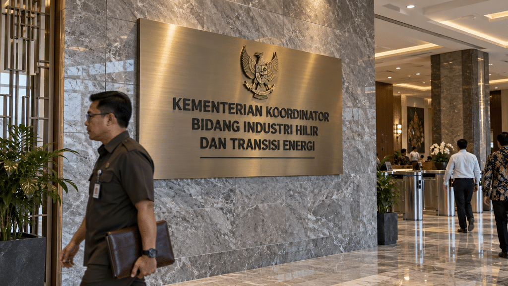 Papan nama perunggu institusi kementerian koordinator baru terpasang di dinding marmer lobi kementerian.