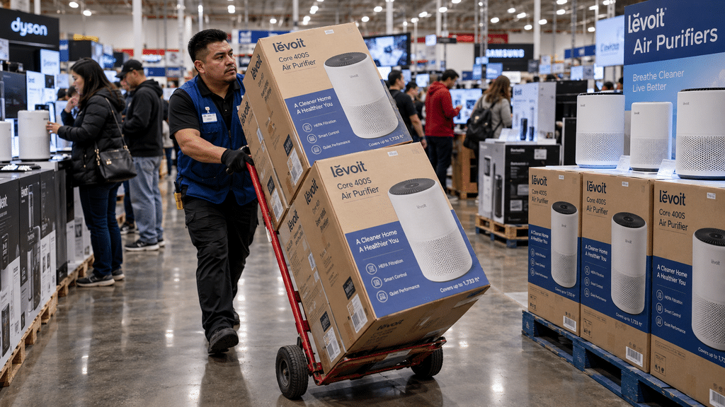 Pramuniaga toko elektronik sibuk memindahkan tumpukan kardus air purifier untuk memenuhi lonjakan permintaan pelanggan.