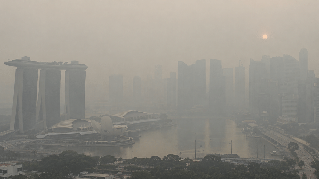 Pemandangan cakrawala kota Singapura yang ikonik tertutup kabut asap pekat, menurunkan jarak pandang secara drastis.
