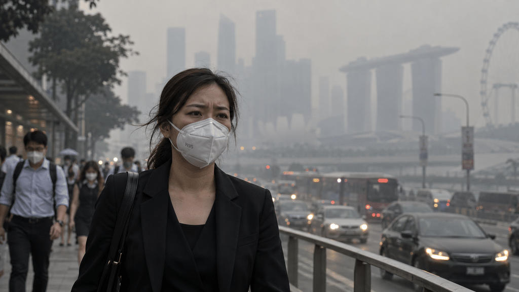Seorang komuter di Singapura mengenakan masker N95 berjalan menembus kabut asap tebal saat berangkat kerja.