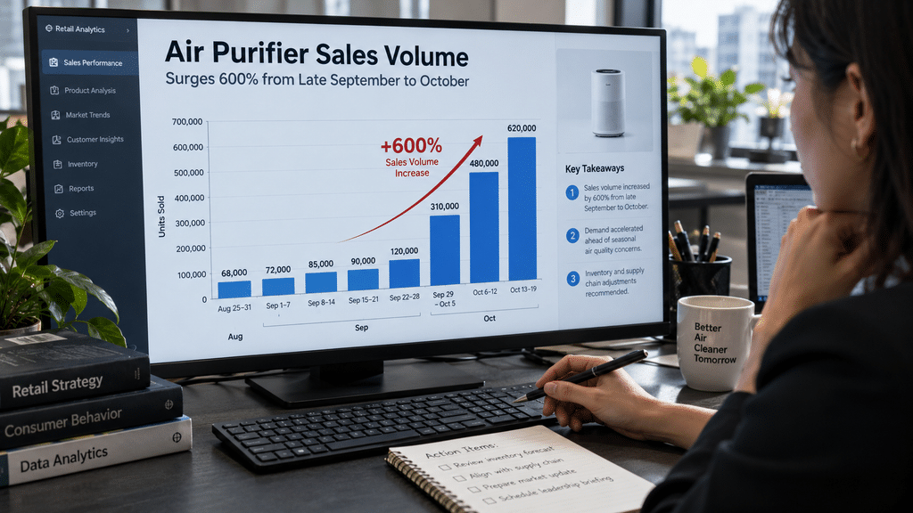 Layar monitor analis ritel menampilkan grafik lonjakan penjualan air purifier yang mencapai 600 persen selama periode krisis asap.