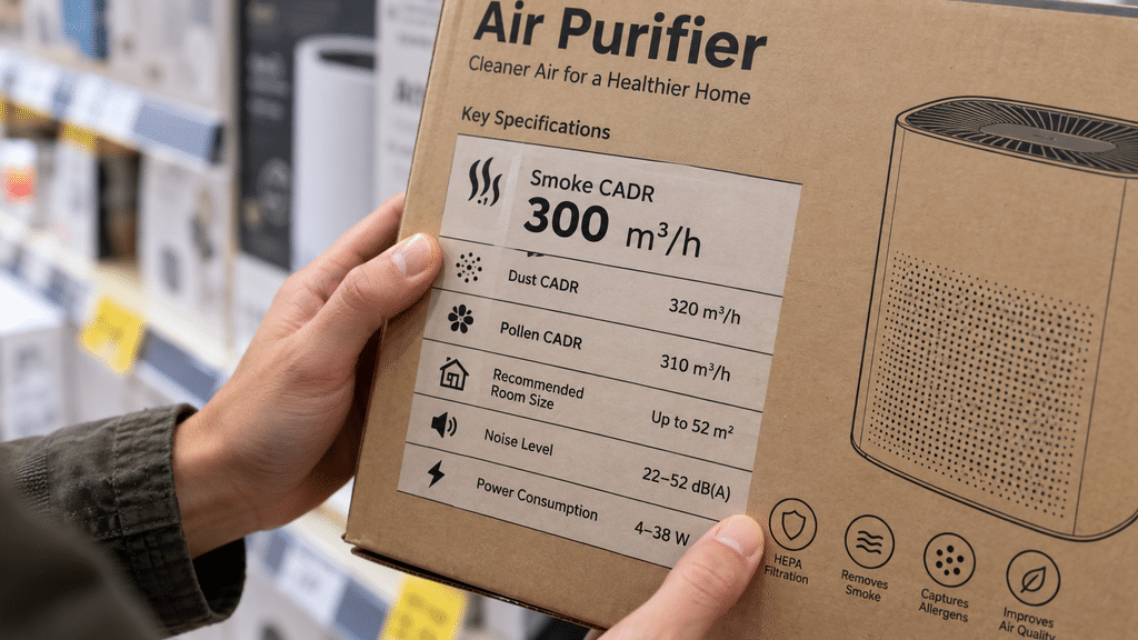 Seorang pelanggan teliti memeriksa label spesifikasi Clean Air Delivery Rate (CADR) pada kotak kemasan air purifier.