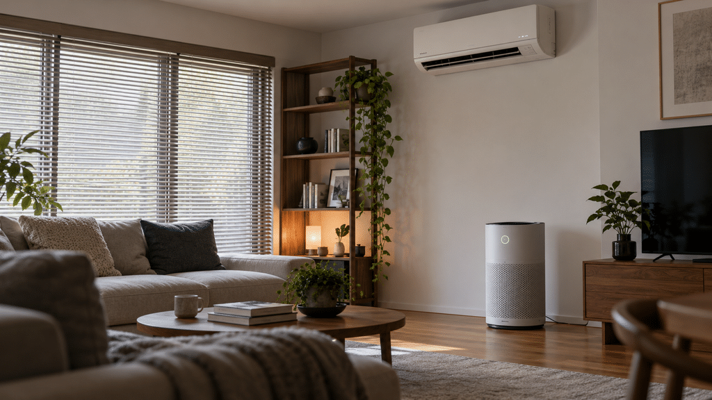 Air purifier dengan filter HEPA menyala di lantai ruangan tertutup sementara AC menyala di dinding atas, merepresentasikan fungsi berbeda.