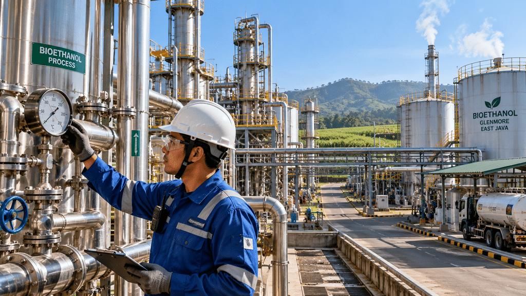 Fasilitas pengolahan bioetanol dan bahan bakar nabati di Glenmore Banyuwangi yang menopang target bauran energi hijau nasional.