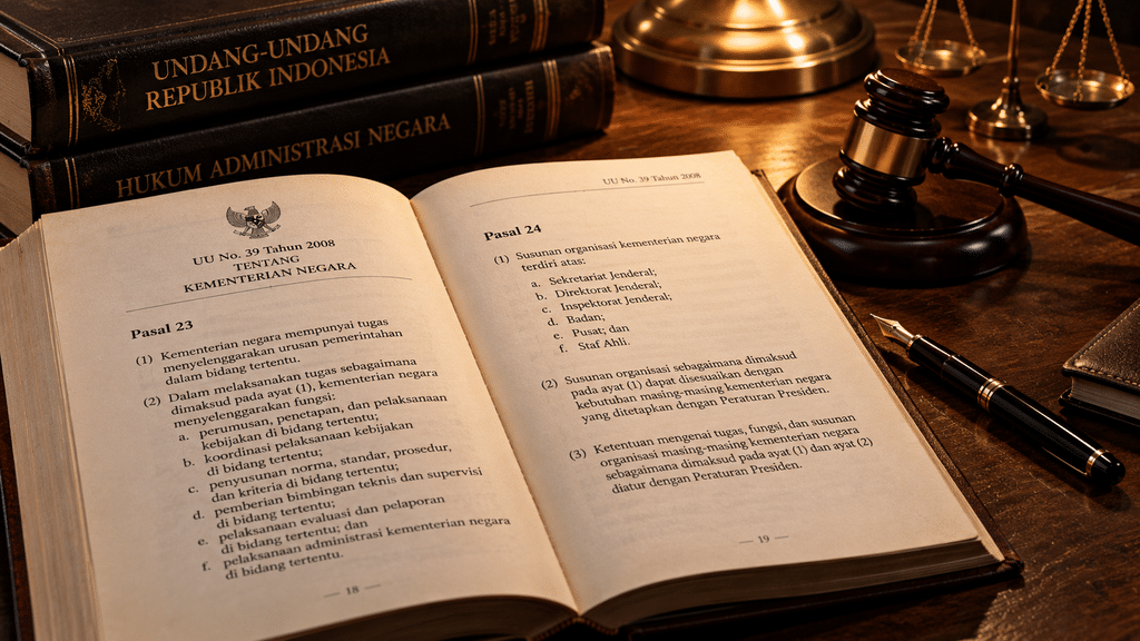 Kitab Undang-Undang Kementerian Negara terbuka pada pasal larangan rangkap jabatan menteri di ruang perpustakaan hukum tata negara.