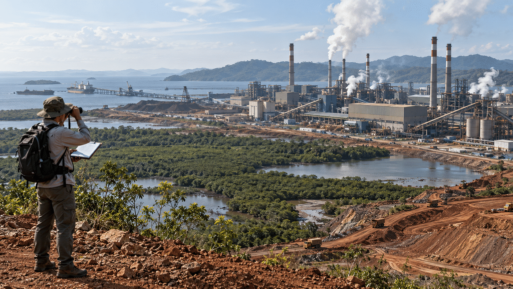 Pemandangan kawasan hilirisasi pengolahan mineral industri berdekatan dengan bentang alam pesisir dan vegetasi tropis.